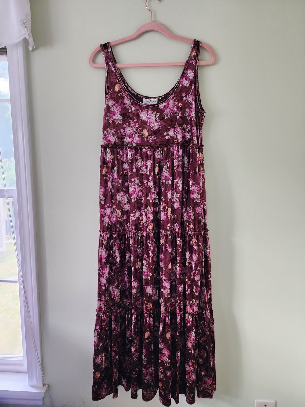 NATURAL LIFE Burgundy Floral Tiered Crushed Velvet Maxi Dress with Pink Blooms